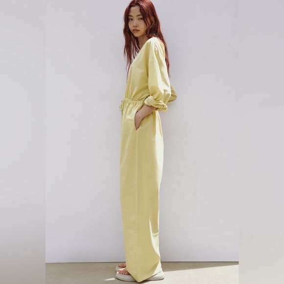 ZARA Drawstring Pistachio V Neck Long Sleeve Jumpsuit- NWT Size XS - Picture 3 of 13